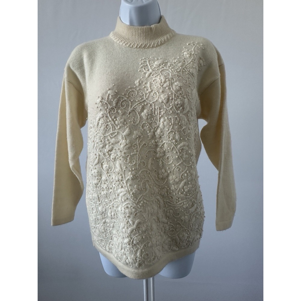 VTG Weathervane Ivory Embroidered Sweater 100% Wool Sz Petite S - 90s Chic (b33)